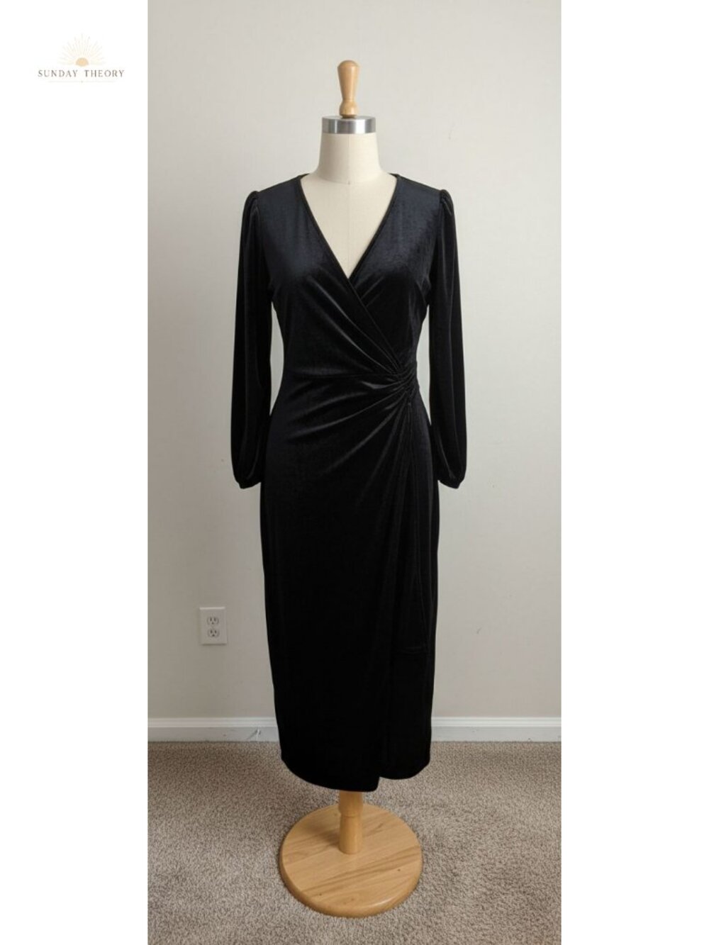 Velvet Wrap Midi Dress Long Sleeve V Neck Ruched Waist Women's Fall Winter
